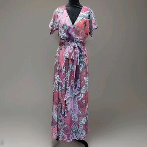 eShakti Maxi Dress Women's Sz M Floral Paisley Georgette Surplice Boho Pockets